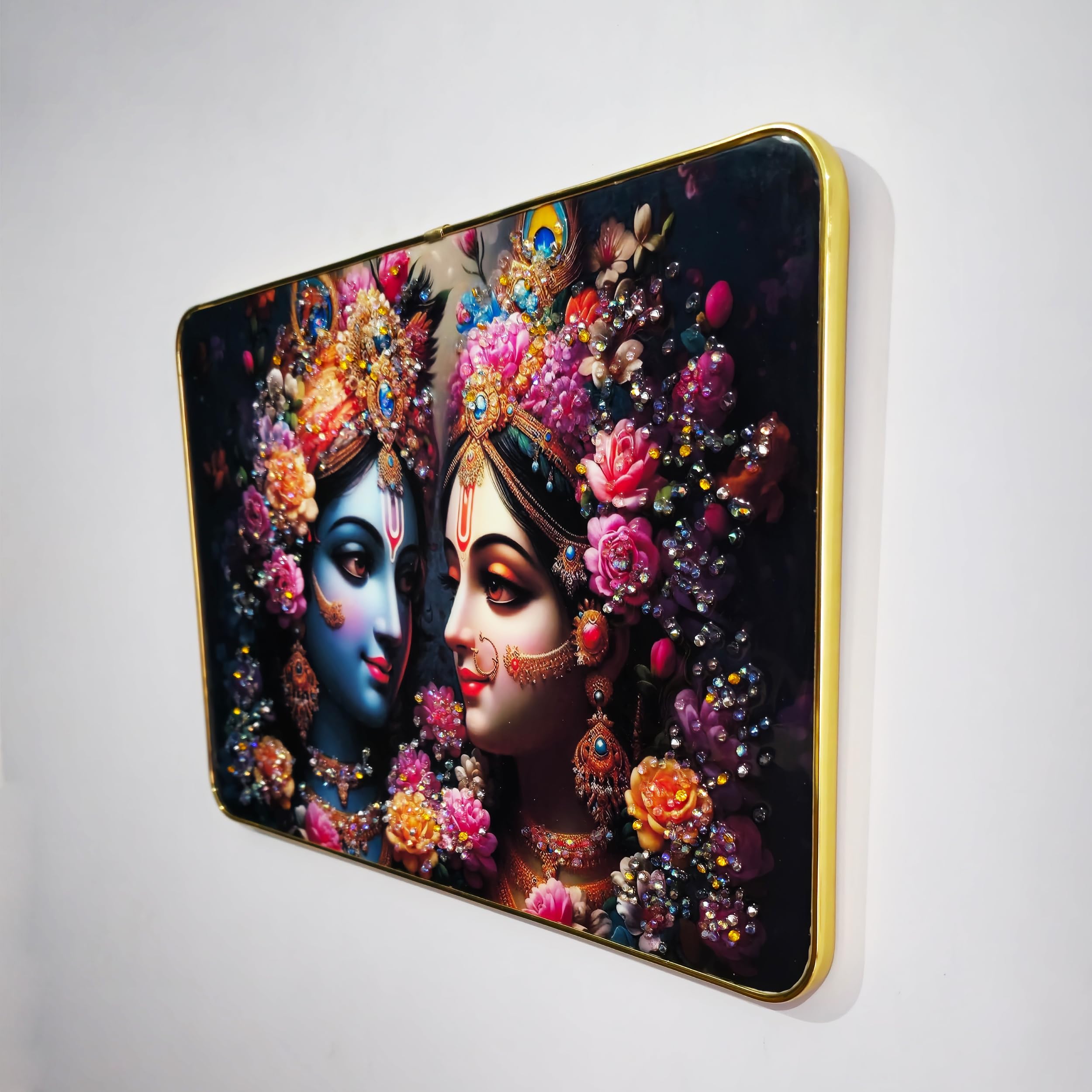 Masstone Radha Krishna Wall Painting  Crystal Embedded, High Gloss, Gold Slim Frame, 45X30 Cm Wall Art For Living Room, Bedroom,